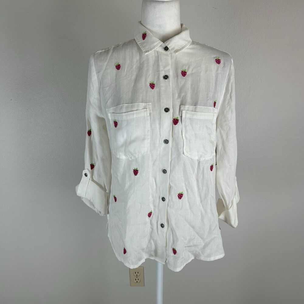 Billy T Linen Blend White Button Up Berry Print Shirt Womens S Fruit Coastal